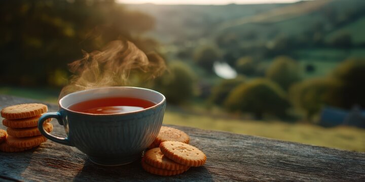 Steaming Cup of Tea and Biscuits with Scenic Countryside View