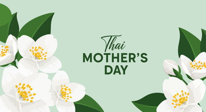 Thai Mother's Day greeting card background with jasmine flowers and leaves