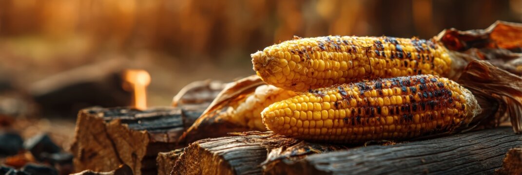 Grilled Corn on the Cob Roasted Over an Open Campfire Firewood
