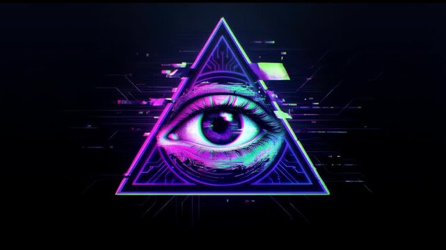 Neon all seeing eye inside triangle radiates digital glitch