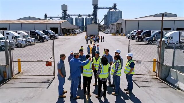 Logistics hub team huddle at entrance, drivers and supervisors in highvisibility vests and helmets gather for safety briefing beside linedup trucks and silos, drone aerial view shows