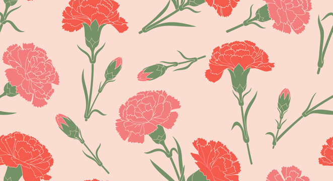 Seamless Floral Pattern with Pink Carnations and Green Leaves on Peach Background