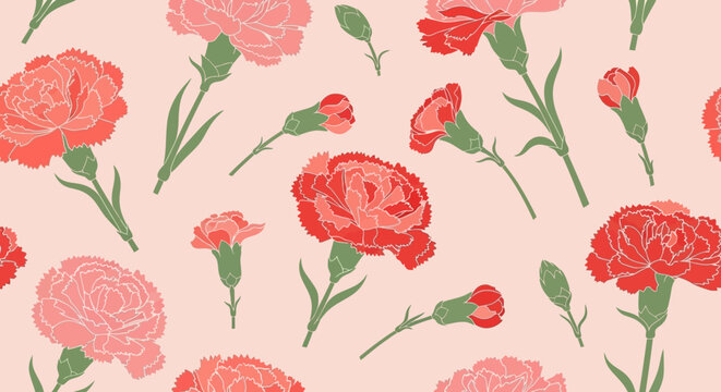 Seamless Floral Pattern with Pink and Red Carnations on Soft Pink Background; Elegant Botanical Illustration for Mother's Day, Spring Greeting Cards and Textile Design.