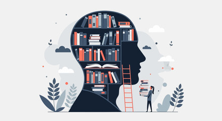 Conceptual Illustration of Human Head Profile as a Bookshelf for Knowledge, Education, and Lifelong Learning Concept © anang