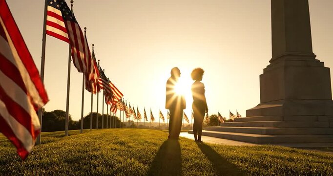 People observing American flags and monument at golden hour