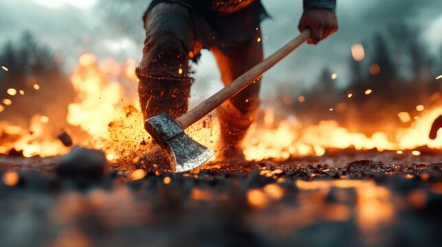A determined warrior stands amidst flames wielding an axe, symbolizing strength and courage in a high-stakes environment, ideal for themes of adventure and valor.