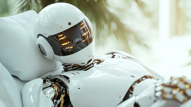 A futuristic robot in a relaxed posture, showcasing advanced design with a sleek aesthetic, symbolizing the convergence of technology and art in modern robotics.