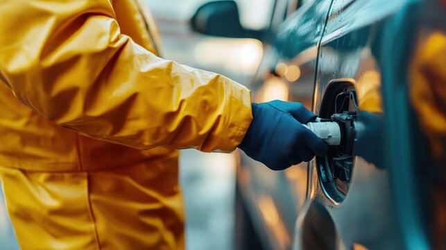 A person in a yellow raincoat positions a fuel pump at a vehicle, emphasizing the practicality of modern refueling and environmental awareness in the transportation industry.