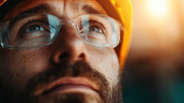 A construction worker with glasses and a hard hat looks upwards, symbolizing hope and ambition, set against a warm glow that reflects determination and hard work.