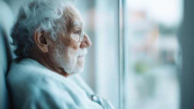 This poignant image portrays an elderly man gazing thoughtfully out the window, capturing a moment of reflection and wisdom often associated with age and life experiences.