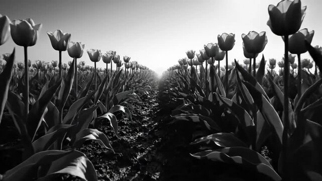 Black and white view of a path between rows of blooming tulip flowers leading to bright light.