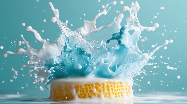 An energetic splash of water and soap bubbles captures the beauty and movement of liquid, creating a vibrant and artistic representation of cleanliness and freshness.