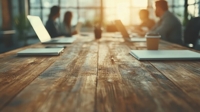 A professional business meeting taking place around a wooden table, where team members engage in discussion and collaboration, showcasing teamwork and modern workspace dynamics.