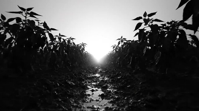 Low angle black and white shot of row of crops with light shining through the end of the pathway