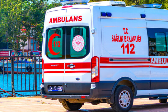 Istanbul, Turkey, August 8, 2025: A Turkish emergency ambulance (112 Acil Sağlık) belonging to the Ministry of Health, showing the rear exterior and official markings in Turkey.