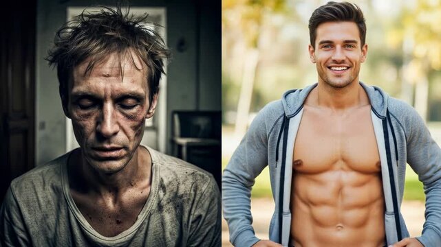Faces, showcasing the stark contrast, drug and alcohol addiction, physical deterioration, versus a vibrant, healthy lifestyle, promoting wellness and positive living