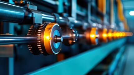 Naklejka premium A dramatic close-up of industrial gears and machinery in an automated factory setting, highlighting the intricate details and the technological advancements in modern manufacturing.