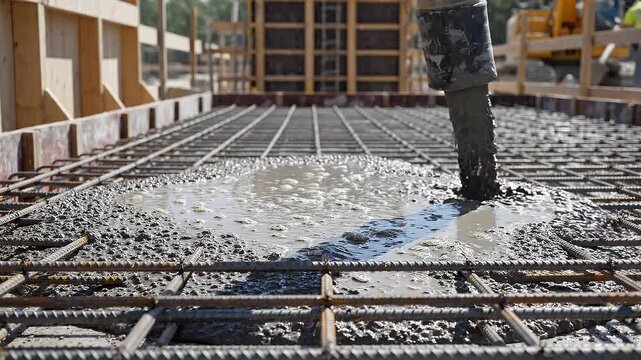 A construction worker pours concrete onto a rebar grid on a building site in a video
