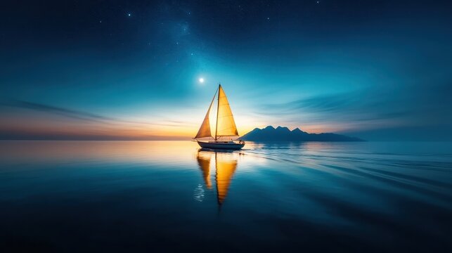 This serene image captures a solitary sailboat gliding across tranquil waters at dusk, illuminated by natural hues and framed by majestic mountains, conveying peace and solitude.