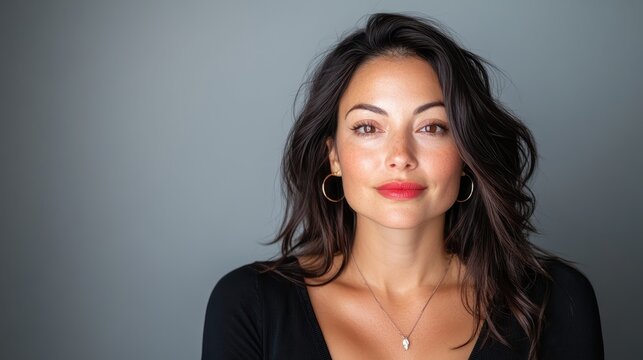 A beautiful woman with a radiant smile poses confidently against a grey background, radiating charisma and approachability while showcasing her striking features.