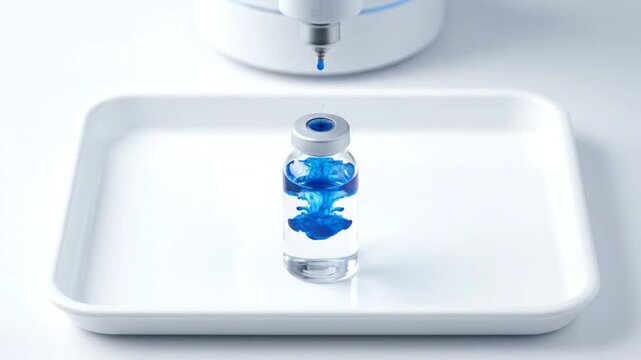 A robotic arm precisely injects blue liquid into vials on white trays, showing progressive filling and swirling patterns over eight seconds.