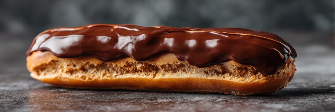 Fresh Chocolate Glazed Eclair Pastry on Dark Background
