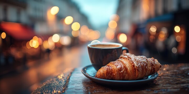 French Breakfast with Coffee and Croissant on a Rainy City Street