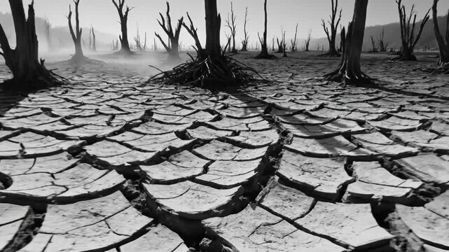 Black and white shot of dry cracked earth with dead trees during a drought and climate change
