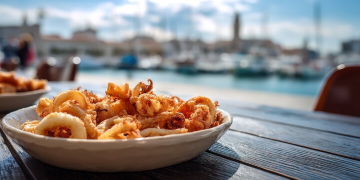 Fried Calamari Rings in a Bowl on a Wooden Table by the Harbor