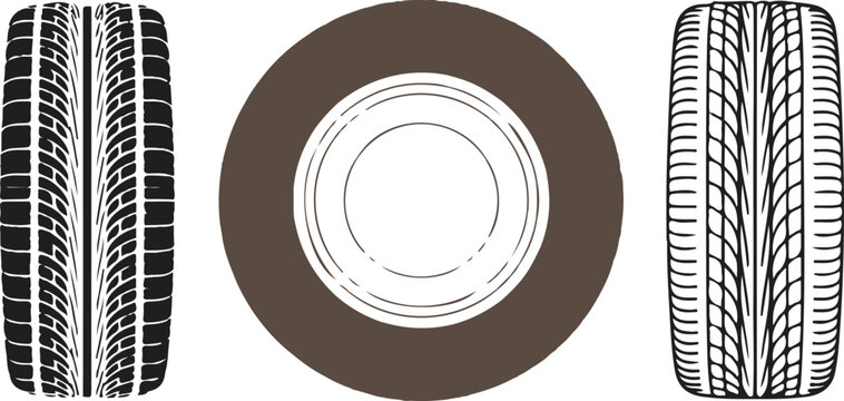Set of three minimalist tire icons in outline solid and detailed tread styles for automotive service garage and transportation maintenance vector illustration isolated on white.