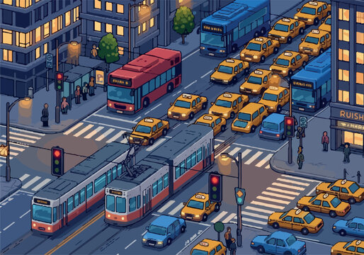 Busy city intersection with traffic jams and public transport including buses and trams