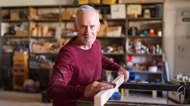 Senior man sanding wood plank creating carpentry craft