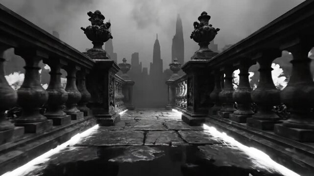 Mysterious bridge leading to a dark ominous cityscape in black and white surreal artistic render