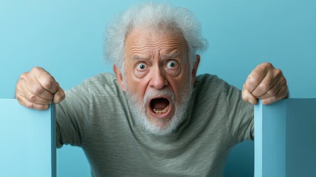 The image captures an elderly man expressing intense anger and frustration, showcasing raw emotions against a blue backdrop, drawing attention to his striking facial features.