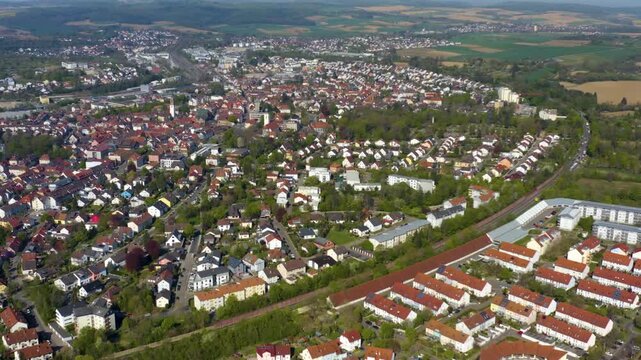 Aerial view beside the small town Bretten in Germany on sunny day in spring.