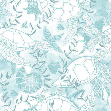  Seamless pattern with  turtles, shells, nautilus,  starfish, water plant, blue watercolor splashes on white background. Abstract marine background. Vector. Perfect for design templates, wallpaper, wr