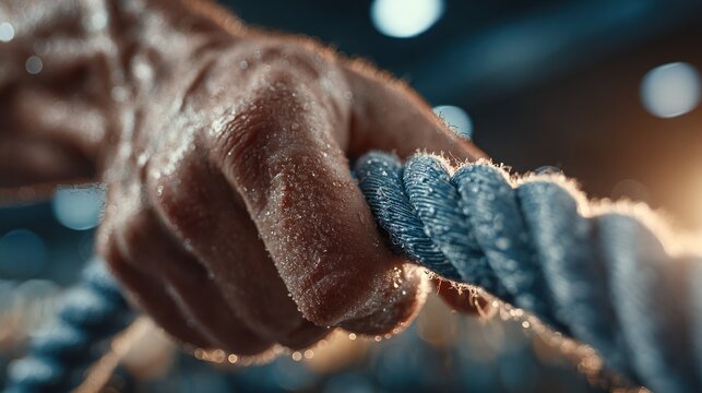 Close-up of a sweaty hand gripping a rope, backlit with determination