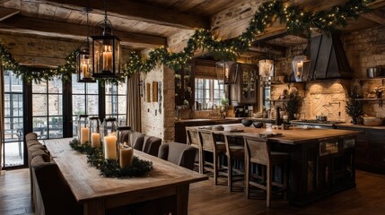 Fototapeta premium Cozy Rustic Christmas Kitchen and Dining Area with Warm Lighting