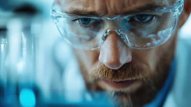 An intense close-up of a scientist in goggles focusing on a lab experiment, emphasizing the dedication and precision essential for scientific discovery and innovation.
