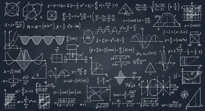 Complex Mathematical Formulas and Physics Equations on Blackboard Background. Scientific Research and Educational Concept Illustration.
