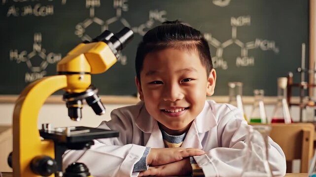 A young student rests on a table in a science classroom with a microscope