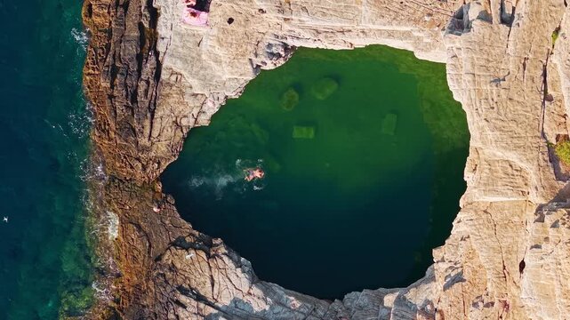 Woman Swimming in Giola Natural Sea Lagoon, Thasos