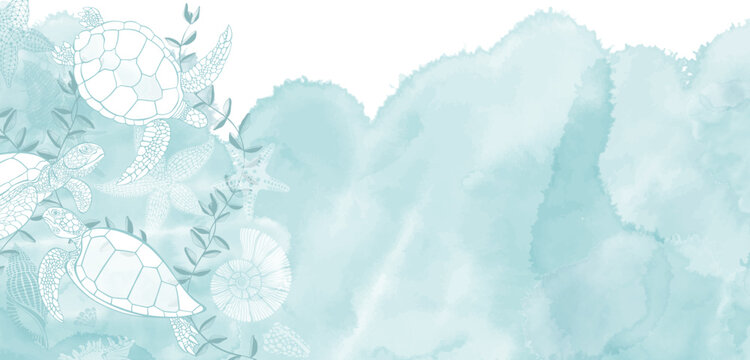 Sea. Pre-made design with turtles, shells, starfish, sea creatures, watercolor splash and place for text. Vector layout decorative greeting card or invitation design background. 