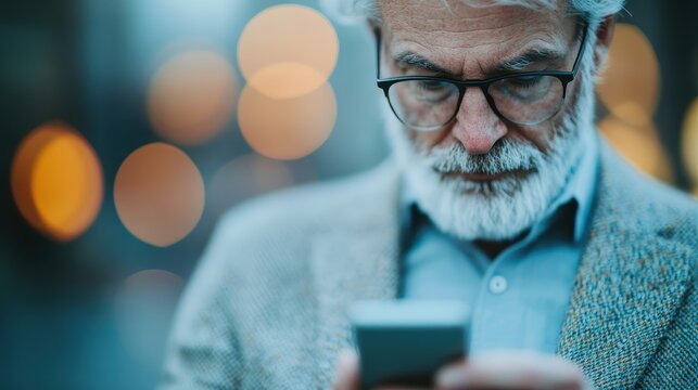 An elderly man with a white beard and glasses is fixated on his smartphone, embodying the blend of technology and contemplation in modern life.