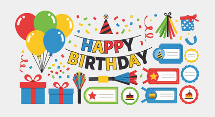 Naklejka premium Colorful Celebration of Birthday with Balloons Gifts and Party Decorations