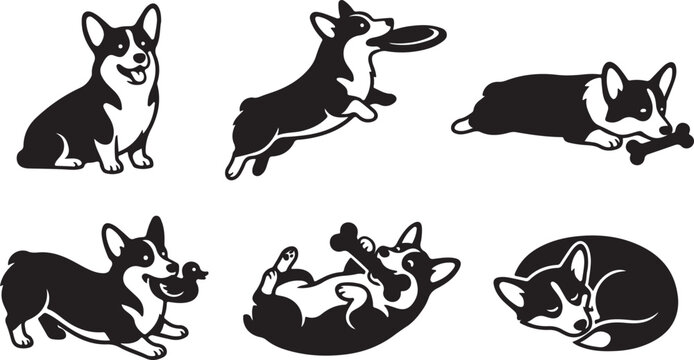 Six black and white corgi silhouettes in different poses