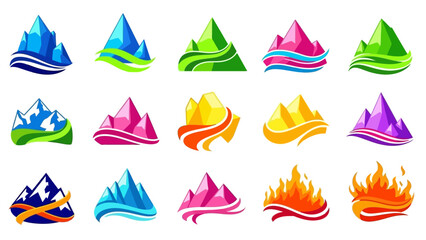 Naklejka premium Colorful Mountain and Fire Icons Collection with Various Color Schemes for Design