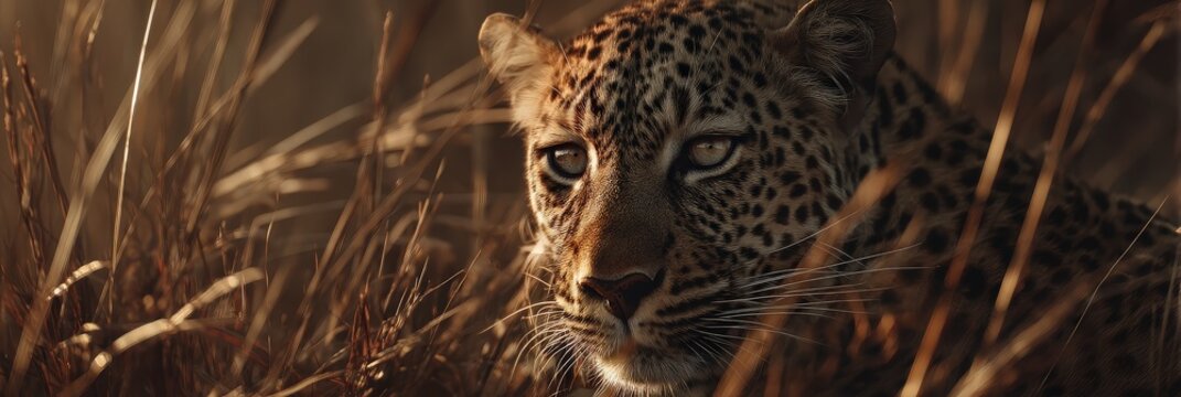Majestic Leopard Crouching in Tall Golden Savanna Grass