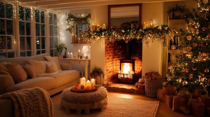 Obraz premium Cozy Christmas Living Room with Burning Fireplace and Tree