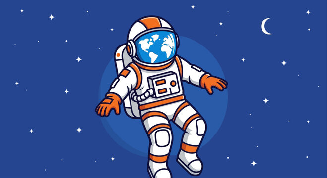 Cute cartoon astronaut floating in space with earth reflected in visor and stars around in